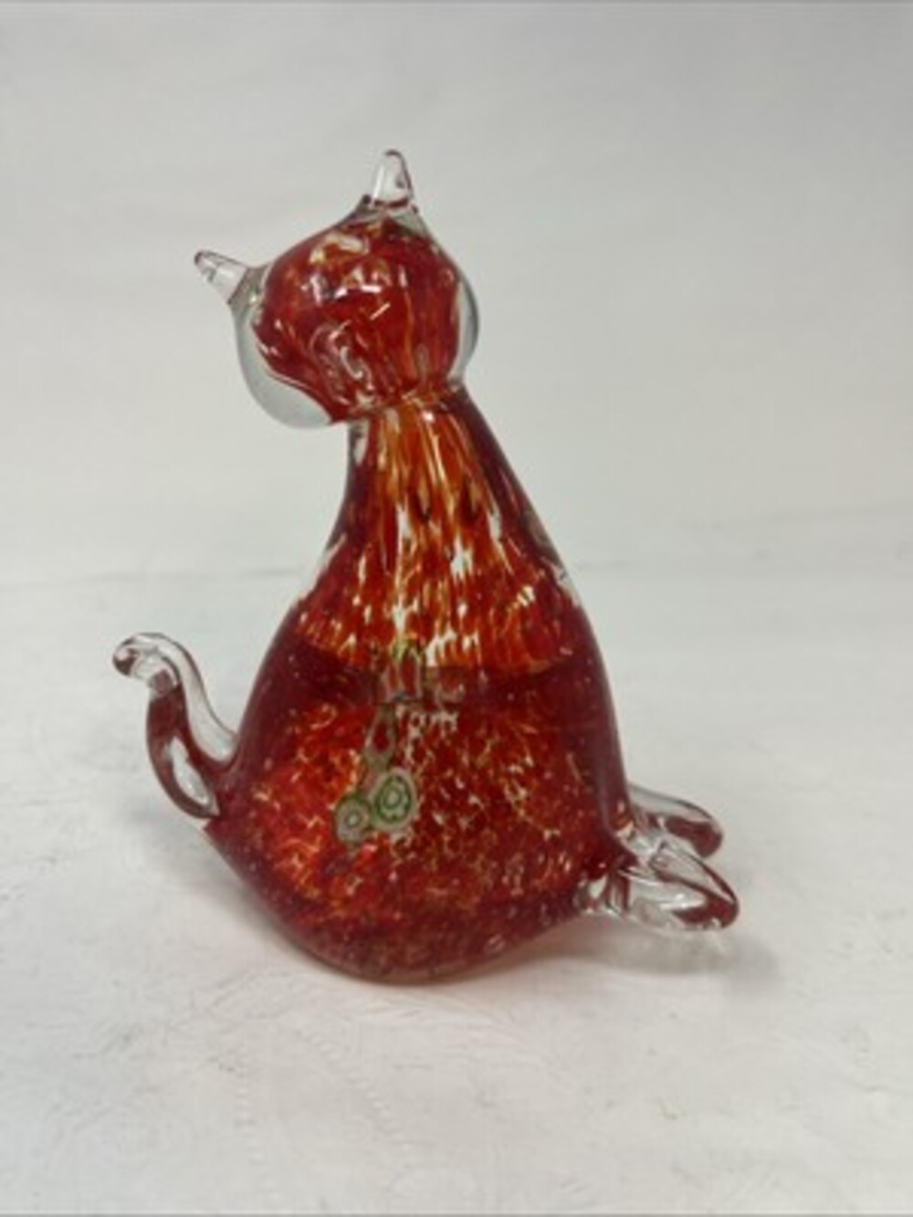 Vintage Art Glass Sitting Cat Murano Style Red 5”Tall With Millefiori Decoration